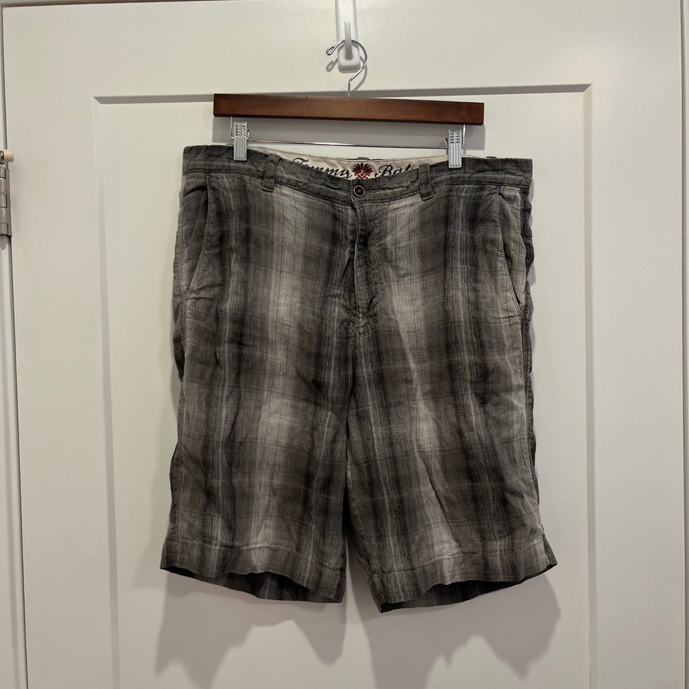 Tommy Bahama Gray Plaid Linen Silk Shorts Mens 36 Paradise Nation Luxury Casual